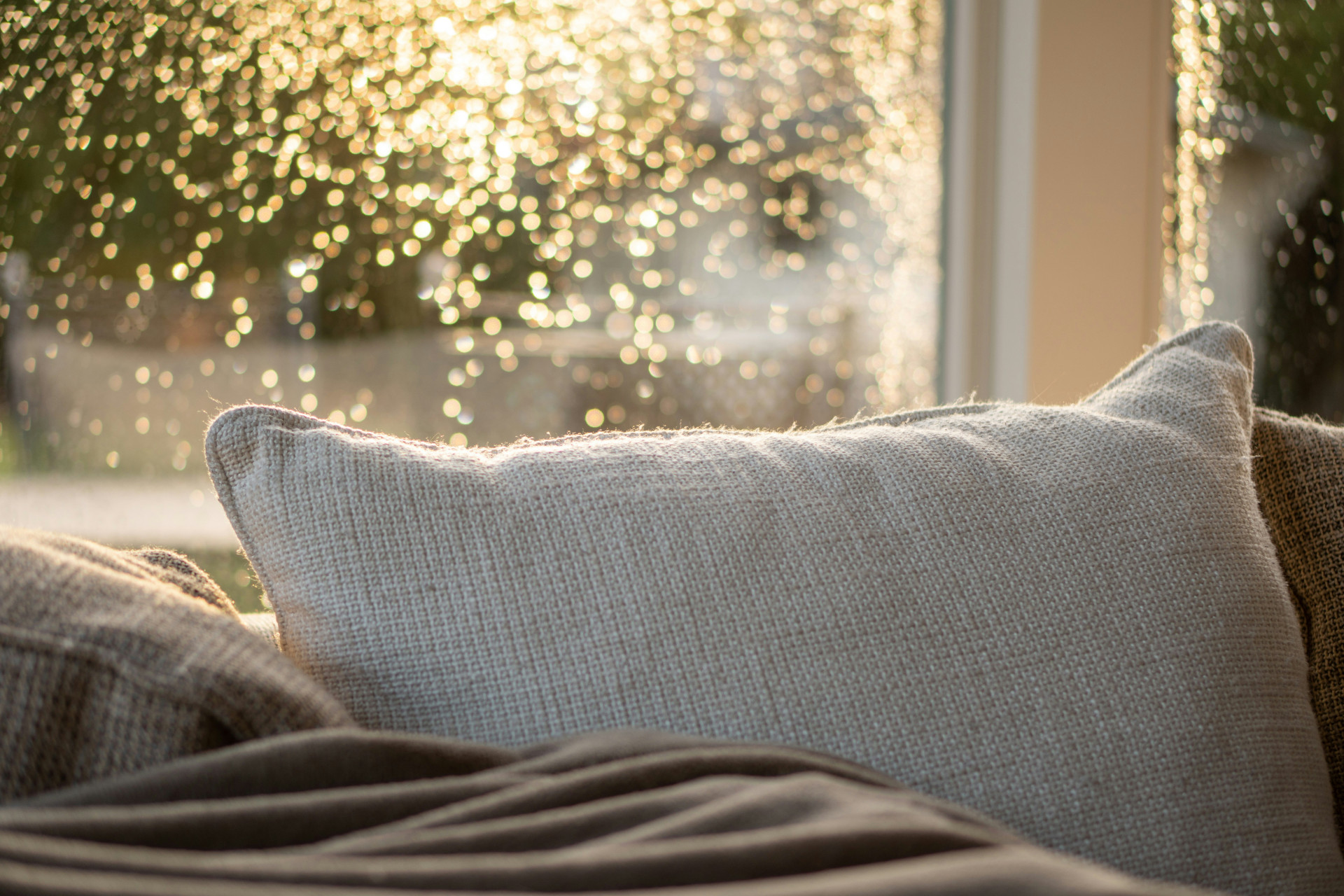 Un coussin moelleux dans un divan donnant sur une fenêtre avec un magnifique paysage